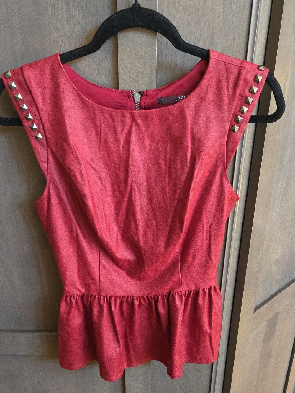 Guess Red Sleeveless Peplum Top with Stud Shoulder Accents